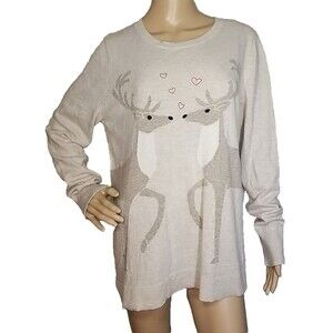Loft Two Deer Sweater with Hearts Size XL Wool Blend    T41
